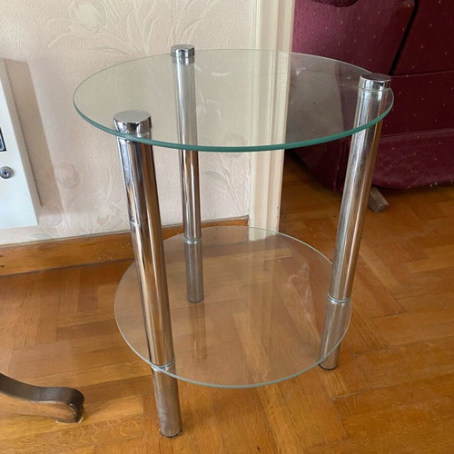 Round side table with glass surfaces and metal legs like new