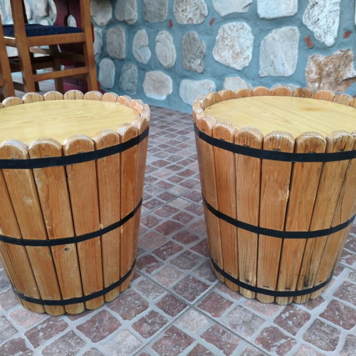 Set of 2 handmade wooden stools and side tables rustic barrel style used
