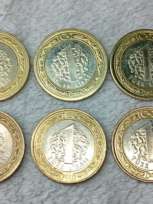 Turkey coins used, set of 6, 1 lira 2020-2025