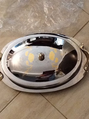 Serving platter new stainless steel with base, Pyrex tray and lid