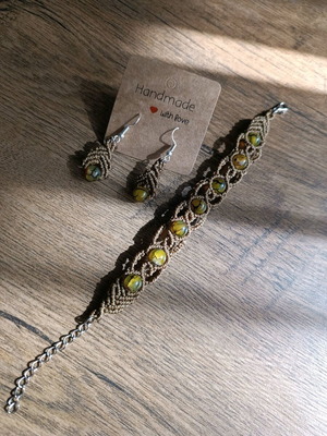 Macrame bracelet and earrings set new, brown