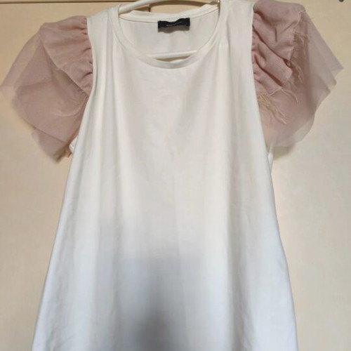 BSB Women's Summer Blouse with White Cotton and Pink Tulle Sleeves, New