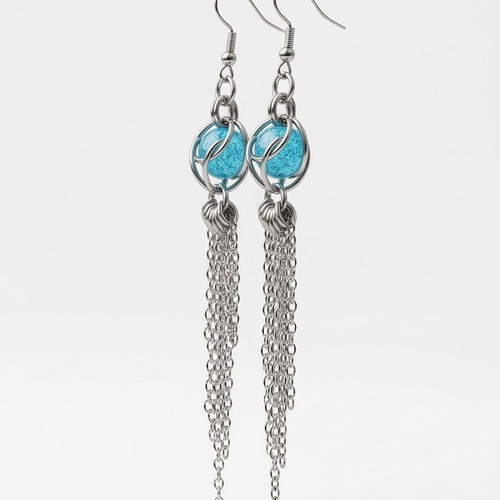 Captured Bead Chain Earrings stainless steel with blue bead, new