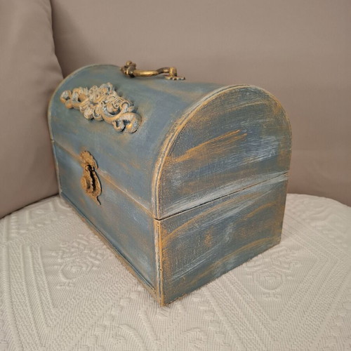 Vintage handmade chest with chalk paint and wood carvings