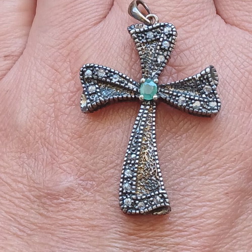 925 silver cross pendant gold plated 9k with emerald and old cut diamonds