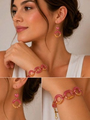 Handmade jewelry set from liquid glass resin pink gold new
