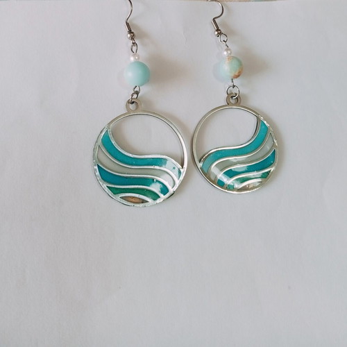 Stainless steel handmade wave earrings with liquid glass, new blue turquoise
