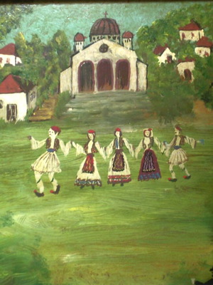 Фолклорна маслена картина употребявана със сцена от празник