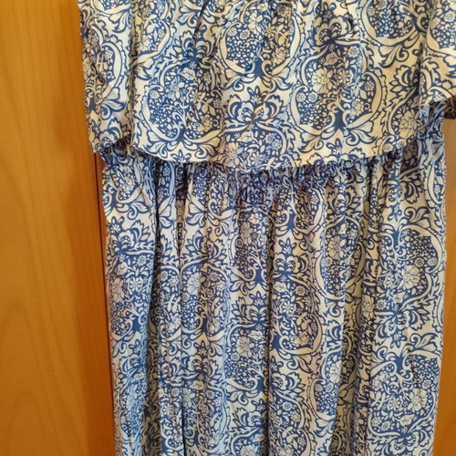 Strapless viscose dress used, white and blue, size large