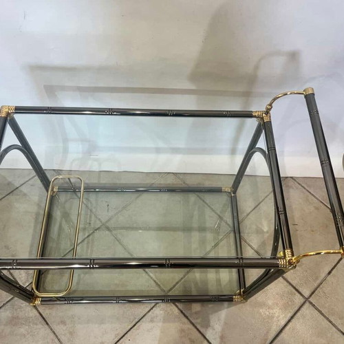 Vintage bar trolley with glass and metal frame used