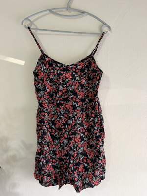 Pink Woman floral playsuit, size S, black with pink and red