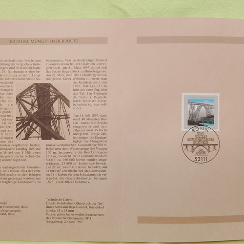 1997 German stamp with Bonn first day cover, mint block of four
