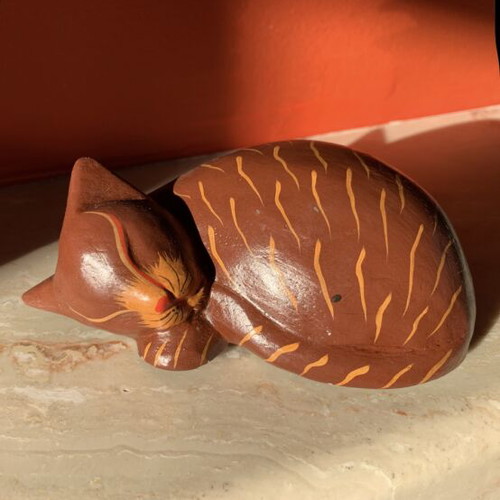 Wooden Handmade Sleeping Cat Figurine