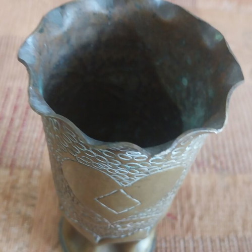 Brass carved flower vase 1945 used, height 17 cm, diameter 8 cm