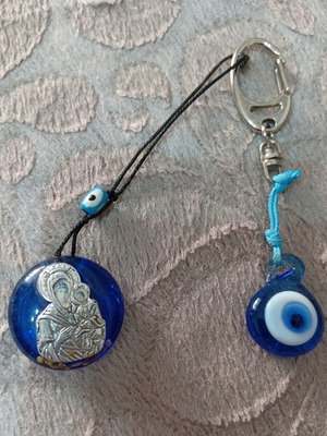 Glass car charm with Virgin Mary and Saint Christopher