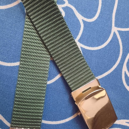 Khaki military-style adjustable belt with gold buckle