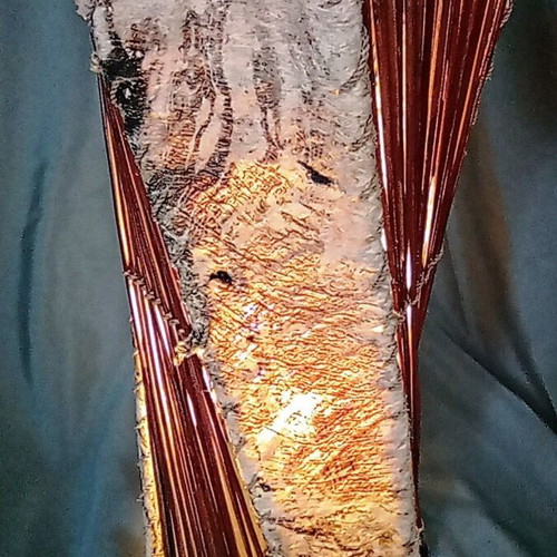 Handmade rustic table lamp with birch bark and wooden rods, used, 32 cm