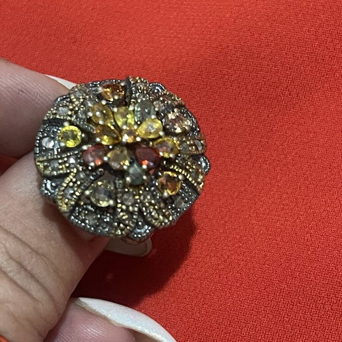 925 silver and 9K gold ring with diamonds and semi-precious stones, size 57
