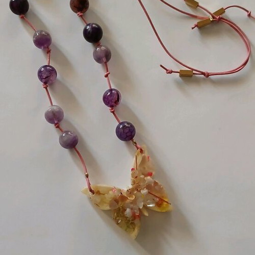 Pendant with leather and amethyst new, handmade butterfly