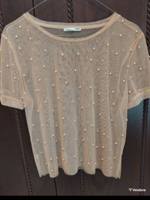 Zara short-sleeve blouse with transparent nude tulle and pearls, like new, size M