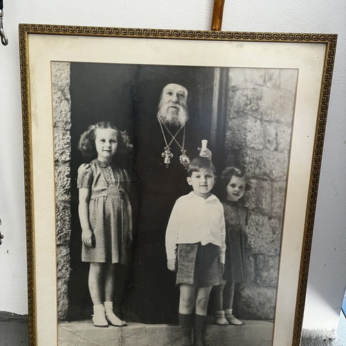 Vintage framed photo of Greek royal children with Archbishop Damaskinos, 1947