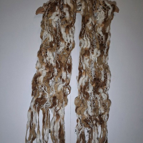 Vintage knitted scarf with fringes used, brown and white