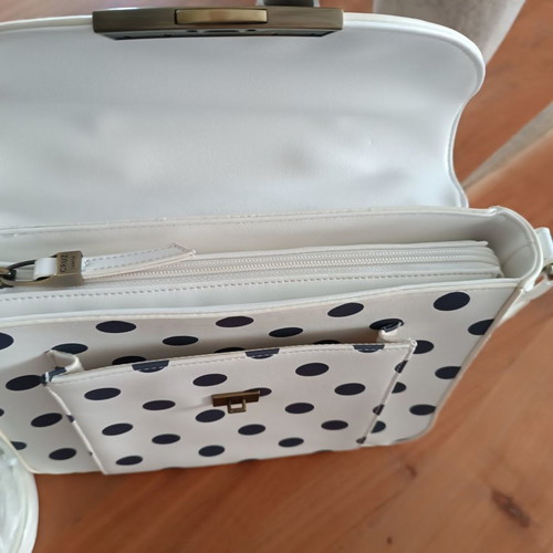 Carpisa crossbody and handheld bag new, white with gray-blue polka dots