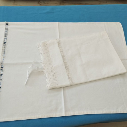 Pair of Handmade Bridal Pillowcases with Crochet Lace and Azur Motif