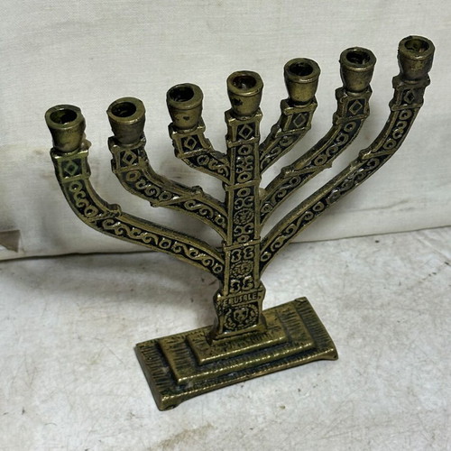 Vintage brass seven-branched menorah "Jerusalem" used, collectible candle holder