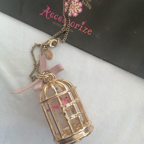Accesorize bird cage pendant necklace used with pink ribbon