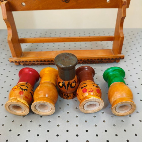 Vintage 1970s Japanese handmade wooden salt and pepper shakers, set of 5 with wall rack