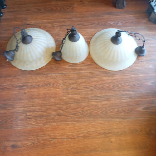 Vintage single pendant ceiling lights used with ribbed glass and bronze suspension