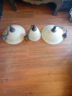 Vintage single pendant ceiling lights used with ribbed glass and bronze suspension