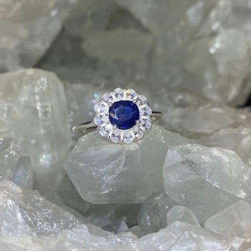 Handmade silver ring with natural blue sapphire and moissanites, new