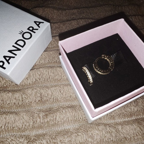 Pandora hoop earrings with pavé stones and side hearts, gold tone