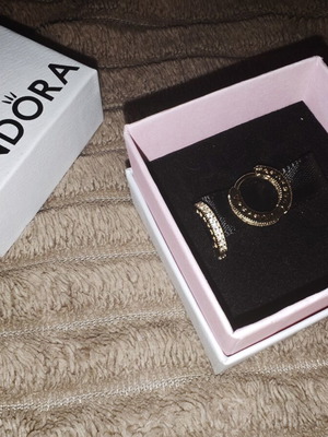 Pandora hoop earrings with pavé stones and side hearts, gold tone