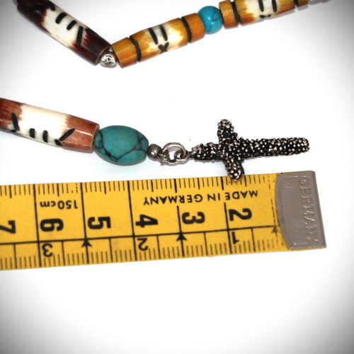 Rosary necklace new with carved bones, semi-precious stones and 925 silver cross