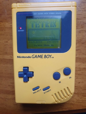 Game Boy DMG Play It Loud Edition used with Tetris cartridge