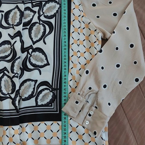 Silk women's shirt like new with geometric and leaf pattern
