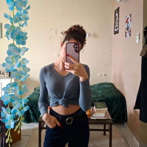 Thin blouse with V neckline like new, gray and turquoise, size M
