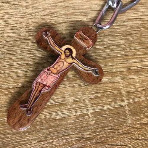 Industrial Blood-Splatter Paperclip Chain with Wooden Icon Crucifix Pendant new