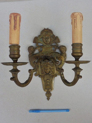 Pair of bronze antique two-light wall sconces, late 19th century