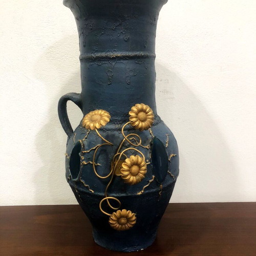 Handmade ceramic jar like new with stones and metal decorative elements