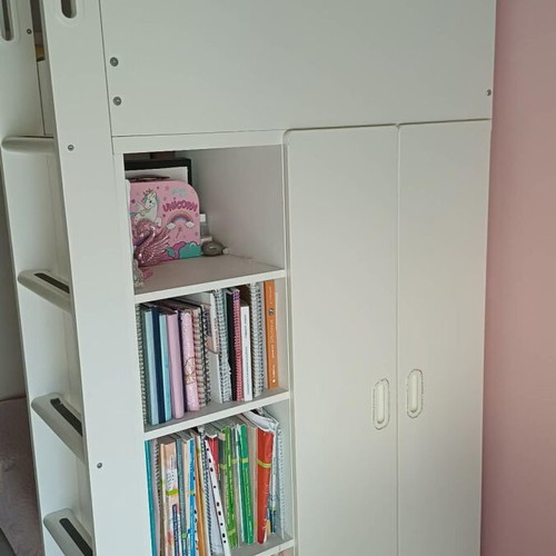 Loft bed with mattress, bookshelf and wardrobe, like new