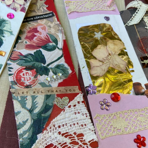 Handmade bookmarks with lace, fabric and collage, set of 4, new