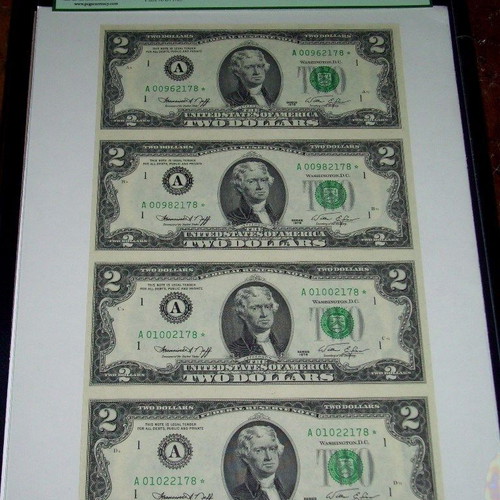 1976 $2 Star Note Uncut Sheet of Four Very Choice New PCGS 64PPQ
