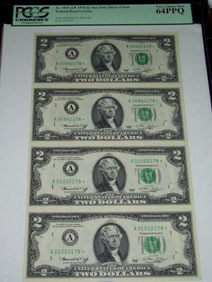 1976 $2 Star Note Uncut Sheet of Four Very Choice New PCGS 64PPQ