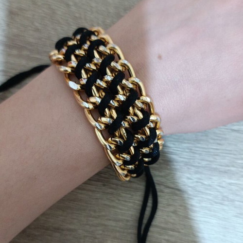 Adjustable gold-tone bracelet with black braid new