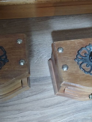 Vintage wooden coasters set used, 2 wooden boxes with 12 coasters