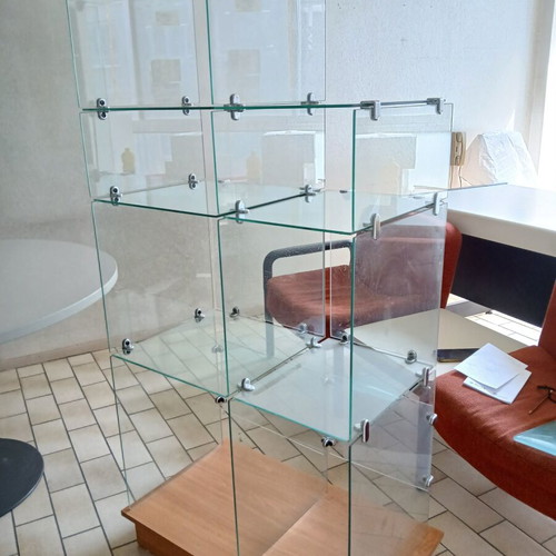 Glass bookshelf with wooden base, round table, sofa, armchair set, Sato desk, vintage chair like new